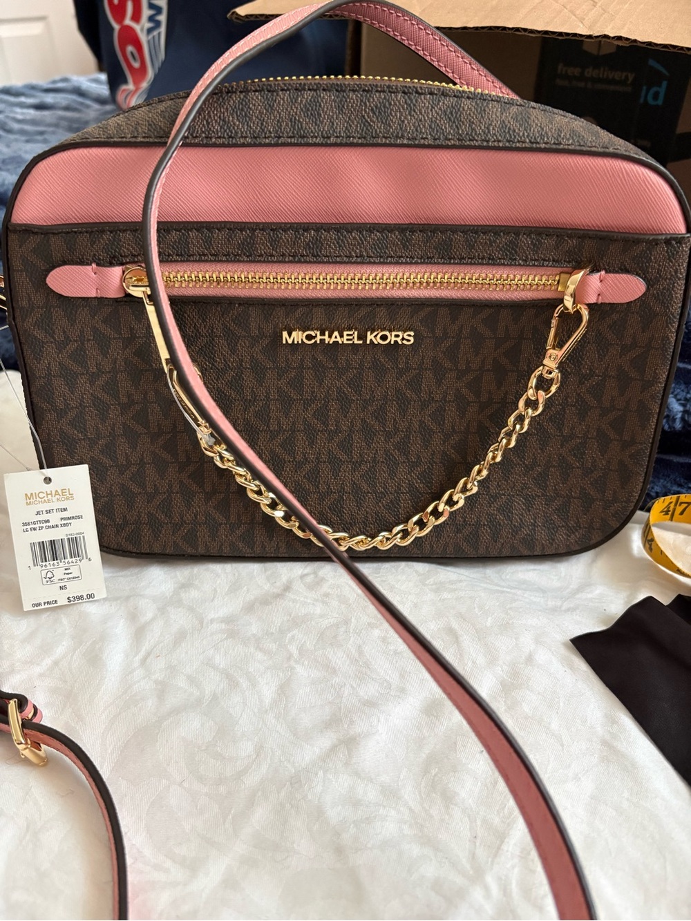 Michael Kors Brown Logo Crossbody with Pink Trim and Gold Chain